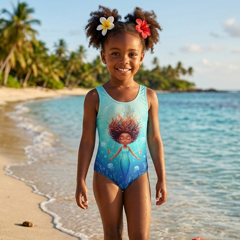 Personalized Mermaid Princess Ocean Coral Name Print Kids Pink Underwater Fantasy Beach Children's Swimsuit