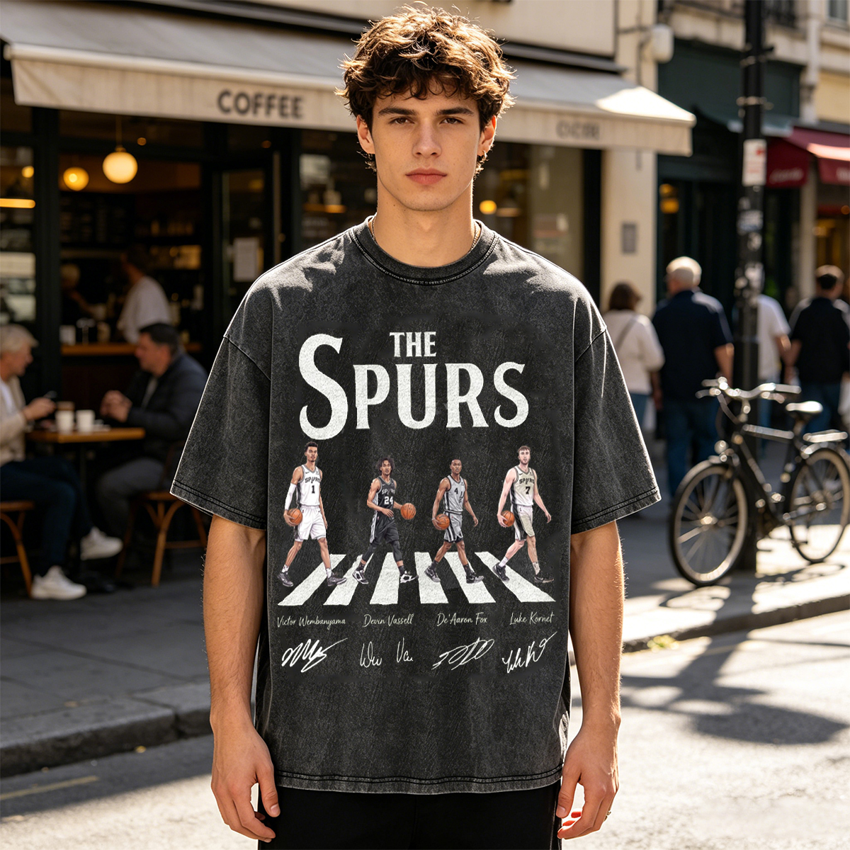 Basketball Washed T-Shirt San Antonio Basketball Walking Road Signatures T-shirt for Fans