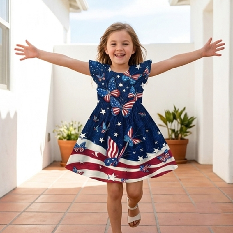 Personalized Patriotic Stars And Stripes USA Flag Print Girls Fourth Of July Red White Blue America 250th Anniversary Coquette Ruffle Dress