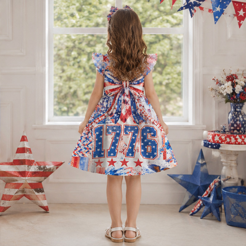 Personalized USA Stars Stripes Fireworks Independence Day Red White Blue Girls Fourth Of July America 250th Anniversary Coquette Ruffle Dress