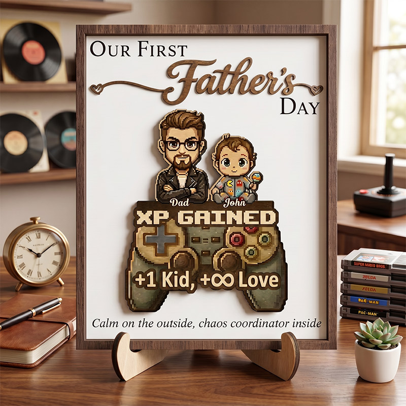 Personalized Our First Father's Day Sign Custom Leveled Up to Dad Wooden Plaque with Kids Dad Gifts Father's Day Gift For Him