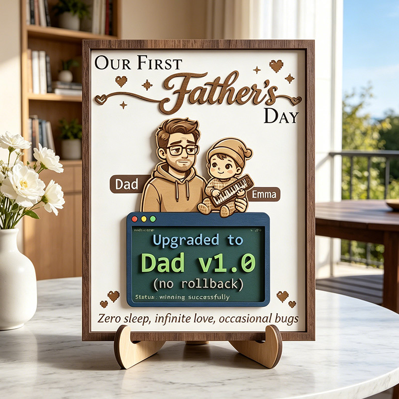 Personalized Our First Father's Day Sign Custom Upgrated to Dad Wooden Plaque with Kids Dad Gifts Father's Day Gift For Him