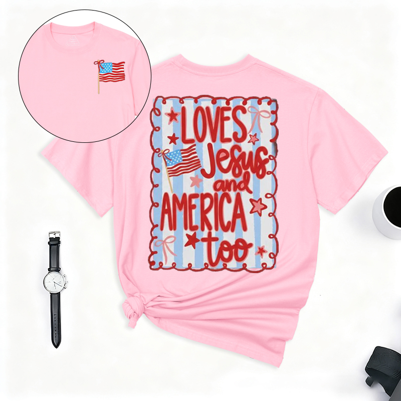 250th USA Anniversary T-Shirt Loves Jesus and America Too 4th of July Patriotic Coquette Bow Tee American Flag  