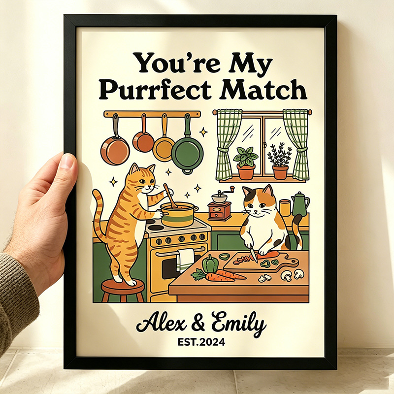Personalized You are My Purrfect Match Couple Wall Art Couple Canvas Print Poster Romantic Love You Longer Wall Decor Anniversary  Gift Couple Cat Home Decor