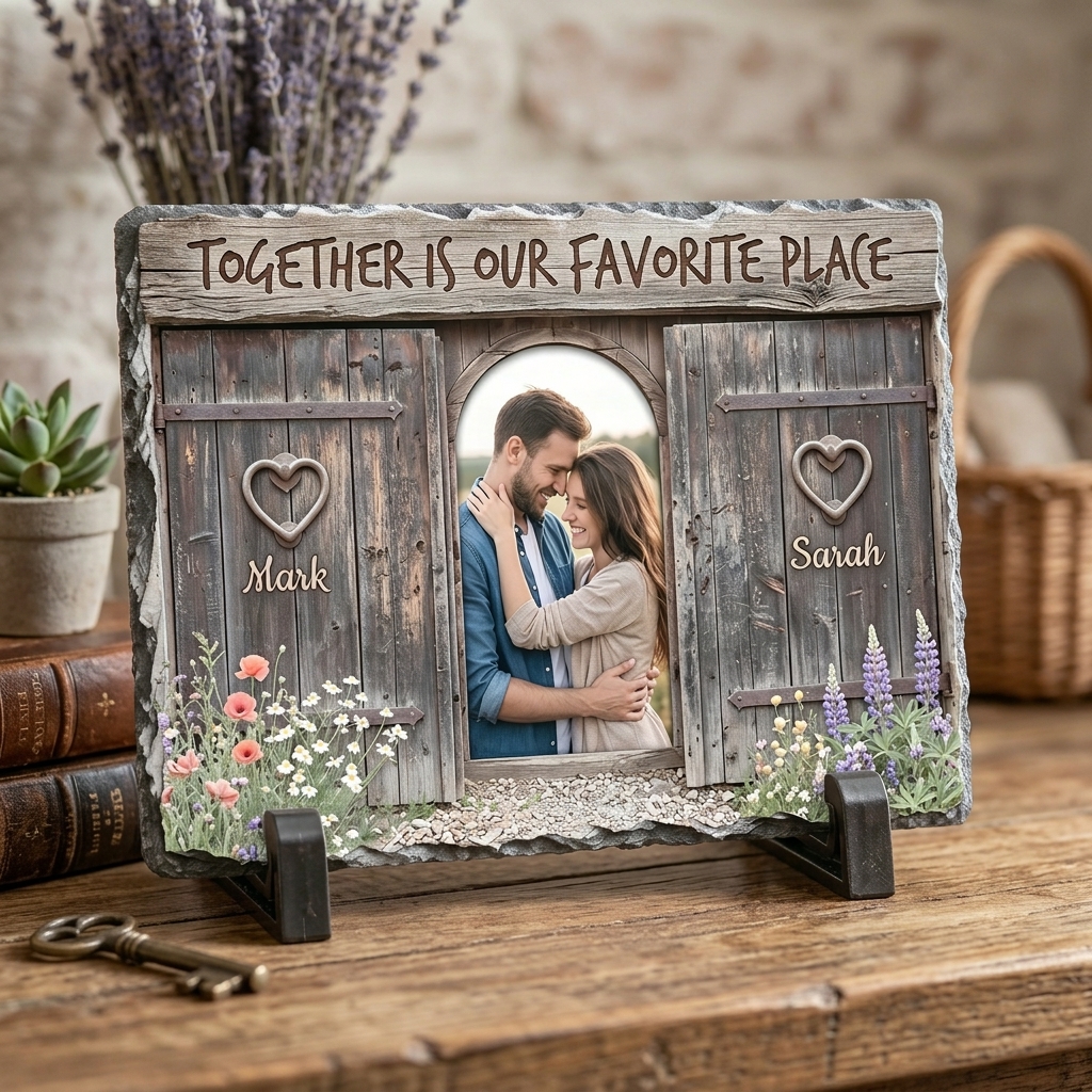 Personalized Together is Our Favorite Place Stone Retro Couple Photo Rectangle Shaped Stone with Stand Anniversary Gift Couple Home Keepsake Gift