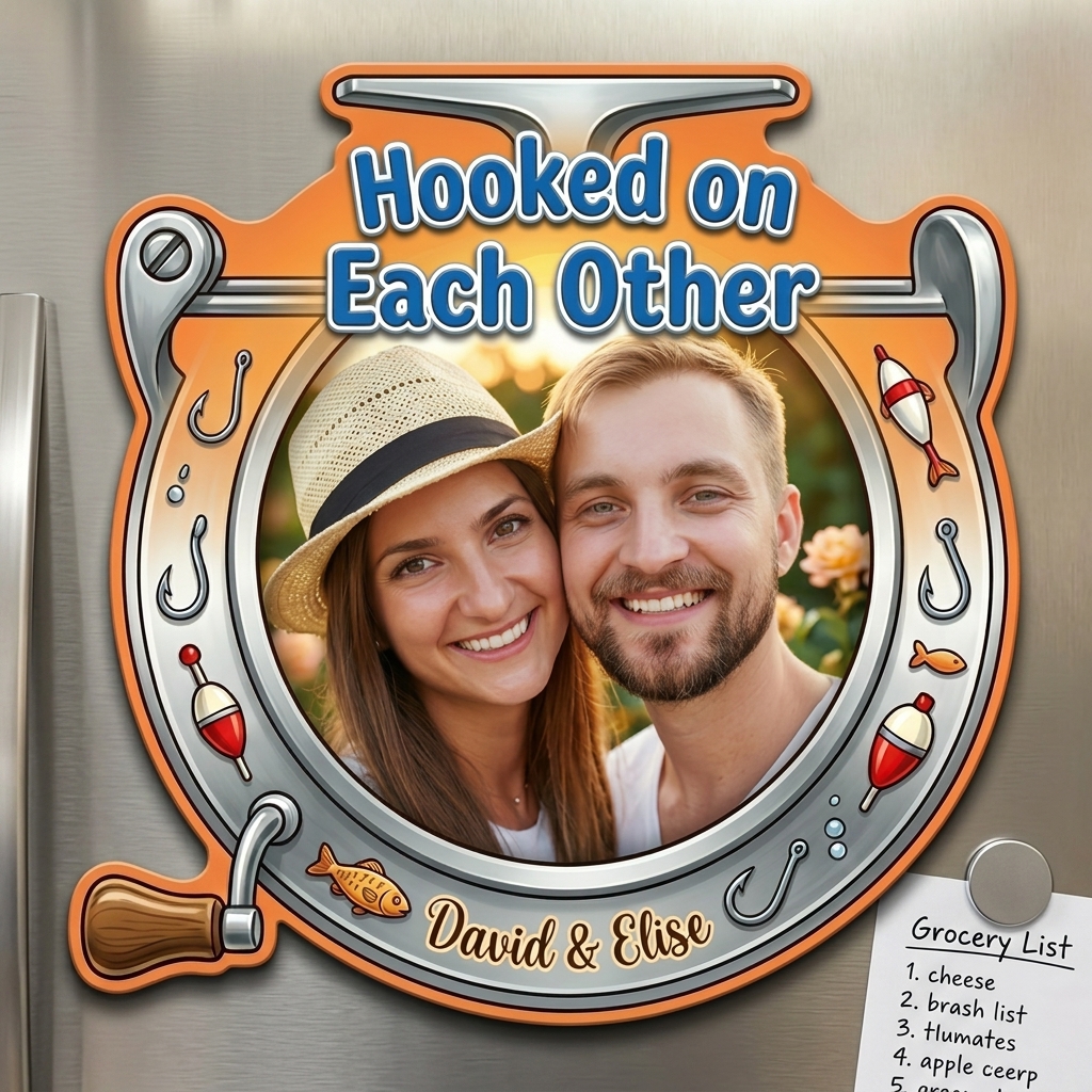 Personalized Hooked On Each Other Couple Photo Fridge Magnet Custom Couple Gift with Names Anniversary Gift for Her Him Fishing Lovers Gift
