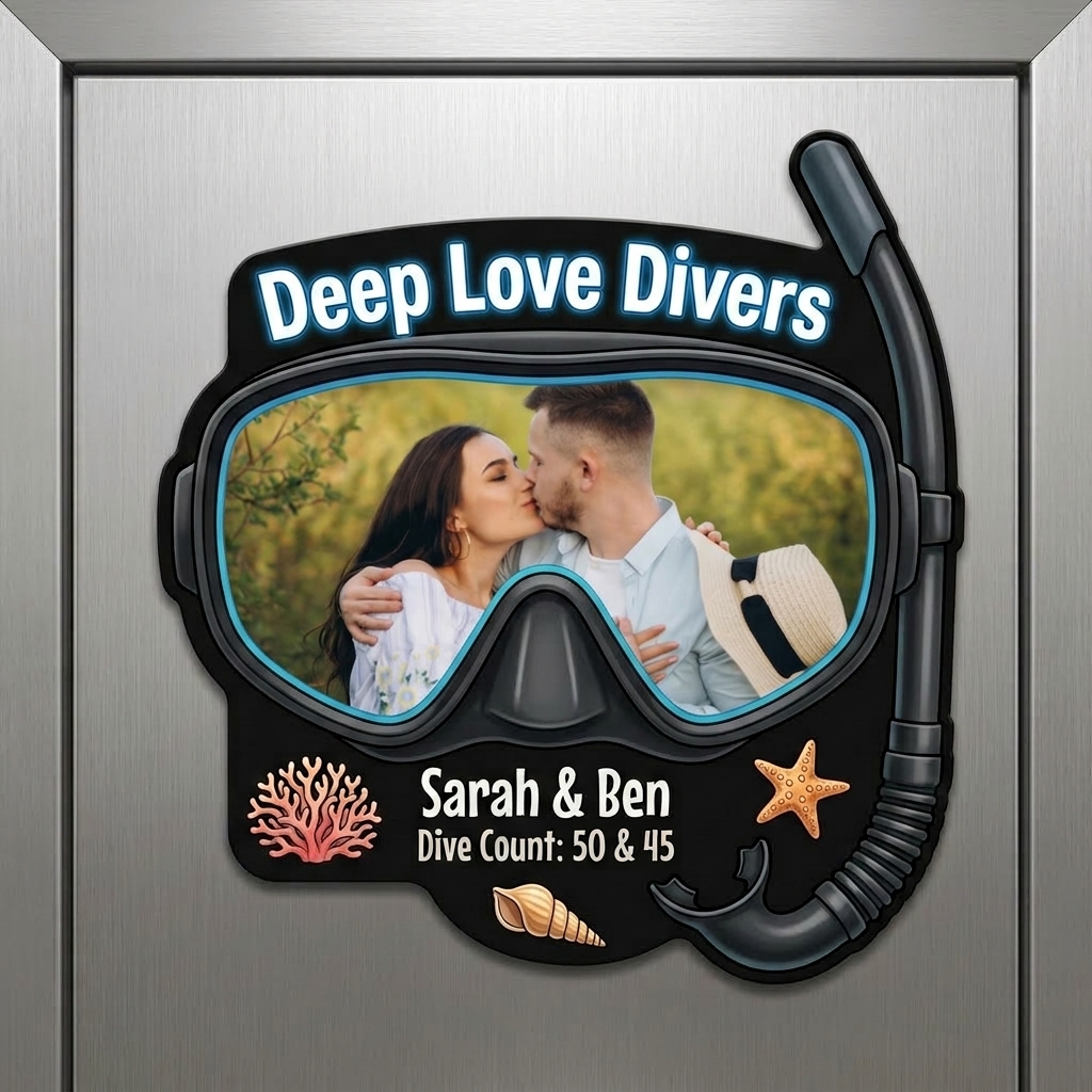 Personalized Diving Theme Couple Photo Fridge Magnet Custom Couple Gift with Names Anniversary Gift for Her Him Diving Lovers Gift