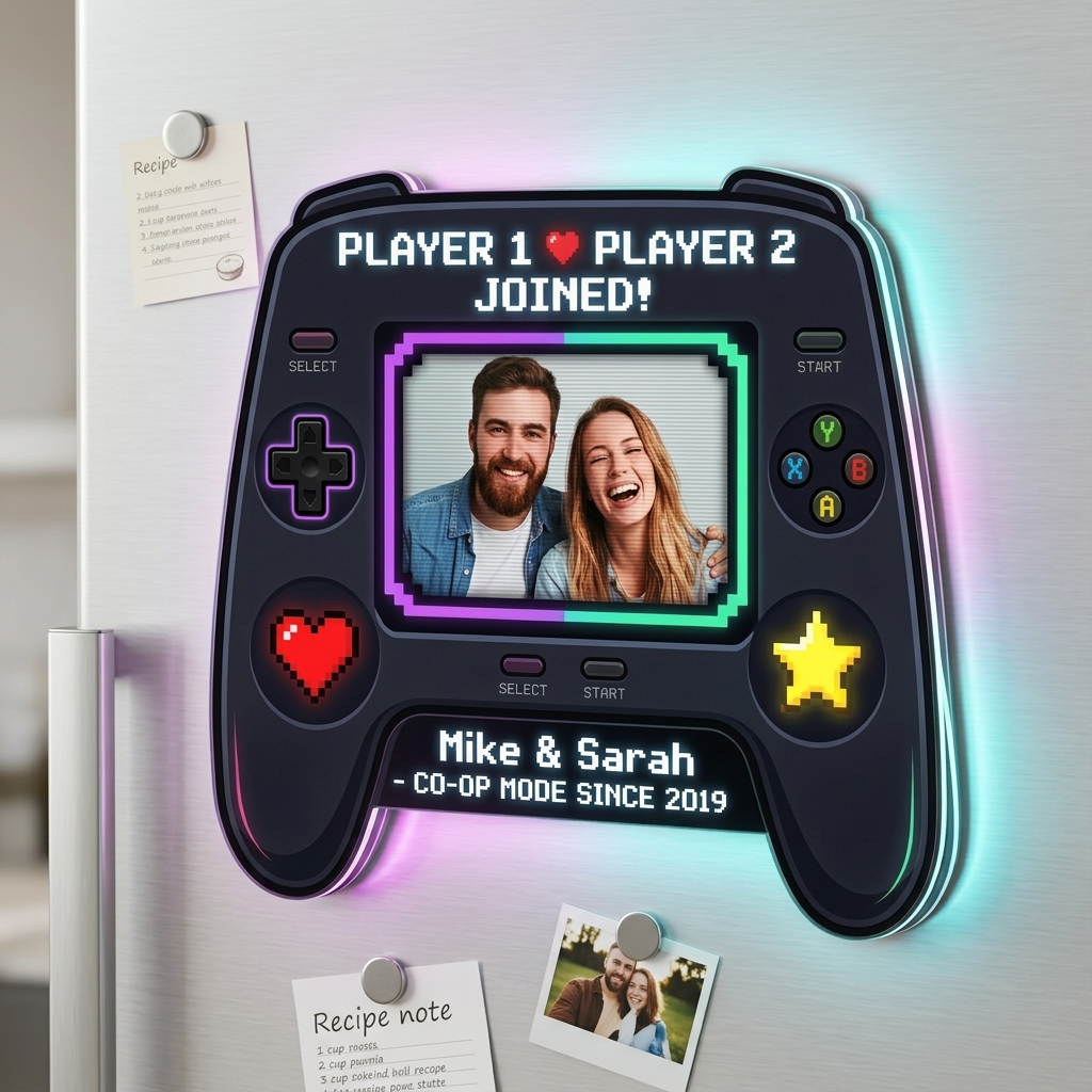Personalized Game Couple Photo Fridge Magnet Custom Couple Gift with Names Anniversary Gift for Her Him Gaming Couple Gift