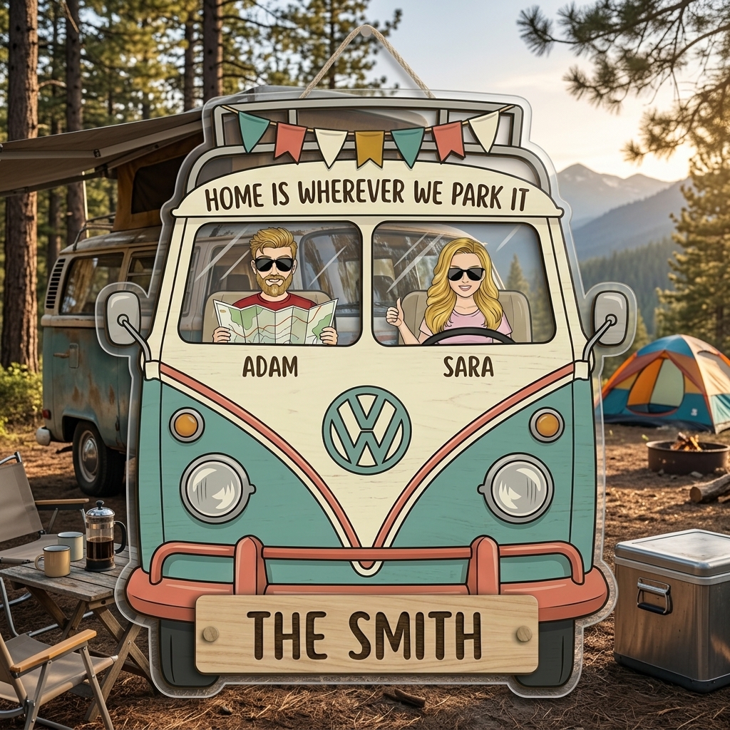 Personalized Home is Where We Park It Camping Couple Acrylic Sign with Names Camping Couple Gift Idea