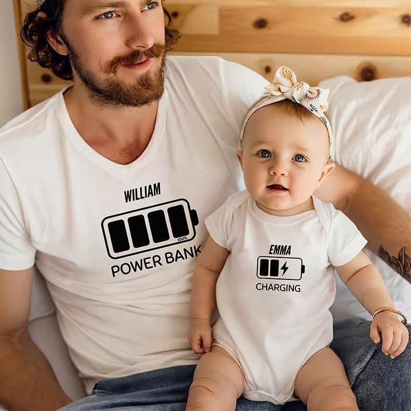 Personalized Power Bank and Charging Tshirt Father Son Matching Tee Dad and Baby Shirt Father Daughter Matching Tee Gift For Dad