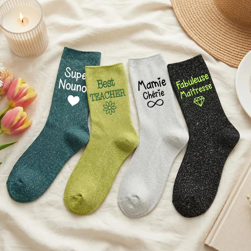Personalized Teacher Appreciation Gift Merci Super Maitresse Maman Combative Merveilleuse Maitresse Cute Cozy Glitter Socks