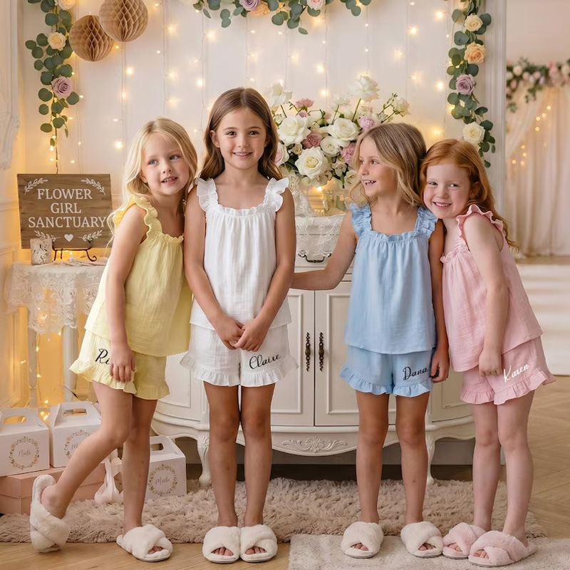 Personalized Floral Party Ruffle Top And Shorts Matching Girls Sleepwear Birthday Sleepover Gift Kids Pajamas