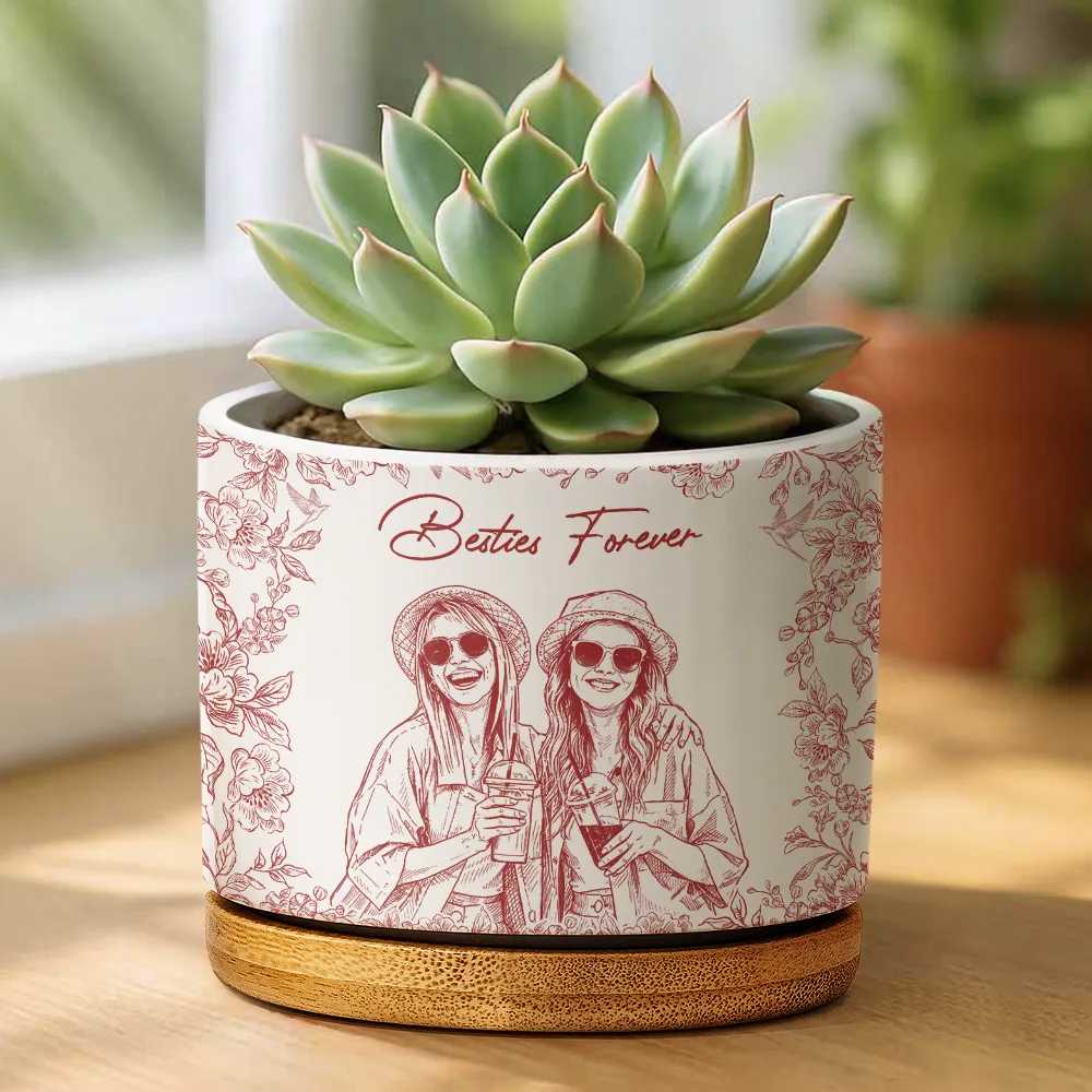 Personalized Ceramic Plant Pot Custom Photo Pencil Sketch A True Friendship Is A Journey Without An End Gift for Bestie