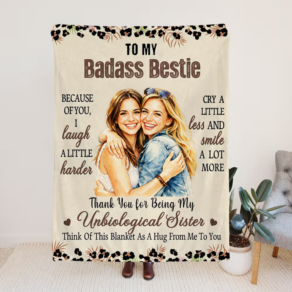 Personalized Sisters Leopard Print Throw Blanket Thank You My Badass Bestie Birthday Gift for Friend