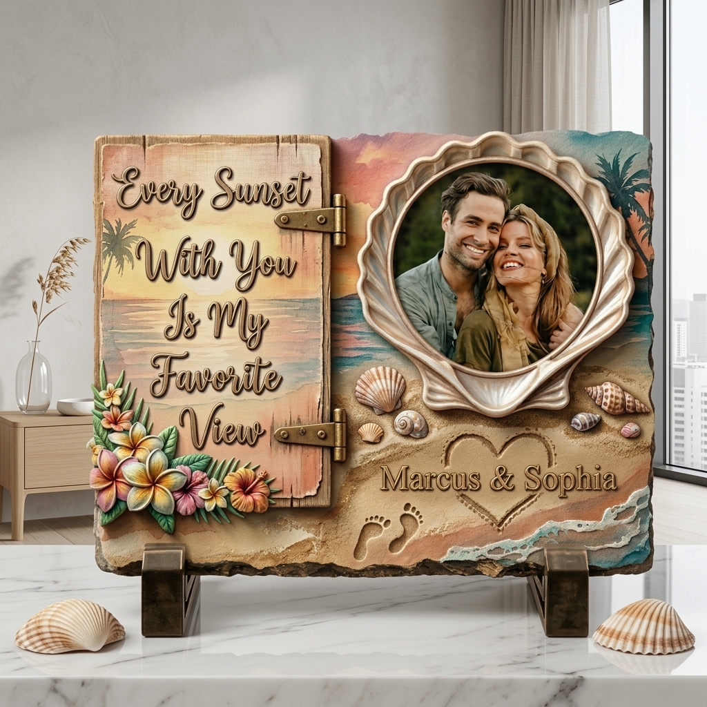 Personalized Beach Sunset Couple Photo Slate Custom Shell Frame Stone Plaque with Stand Every Sunset With You Is My Favorite View Anniversary Gift Romantic Keepsake