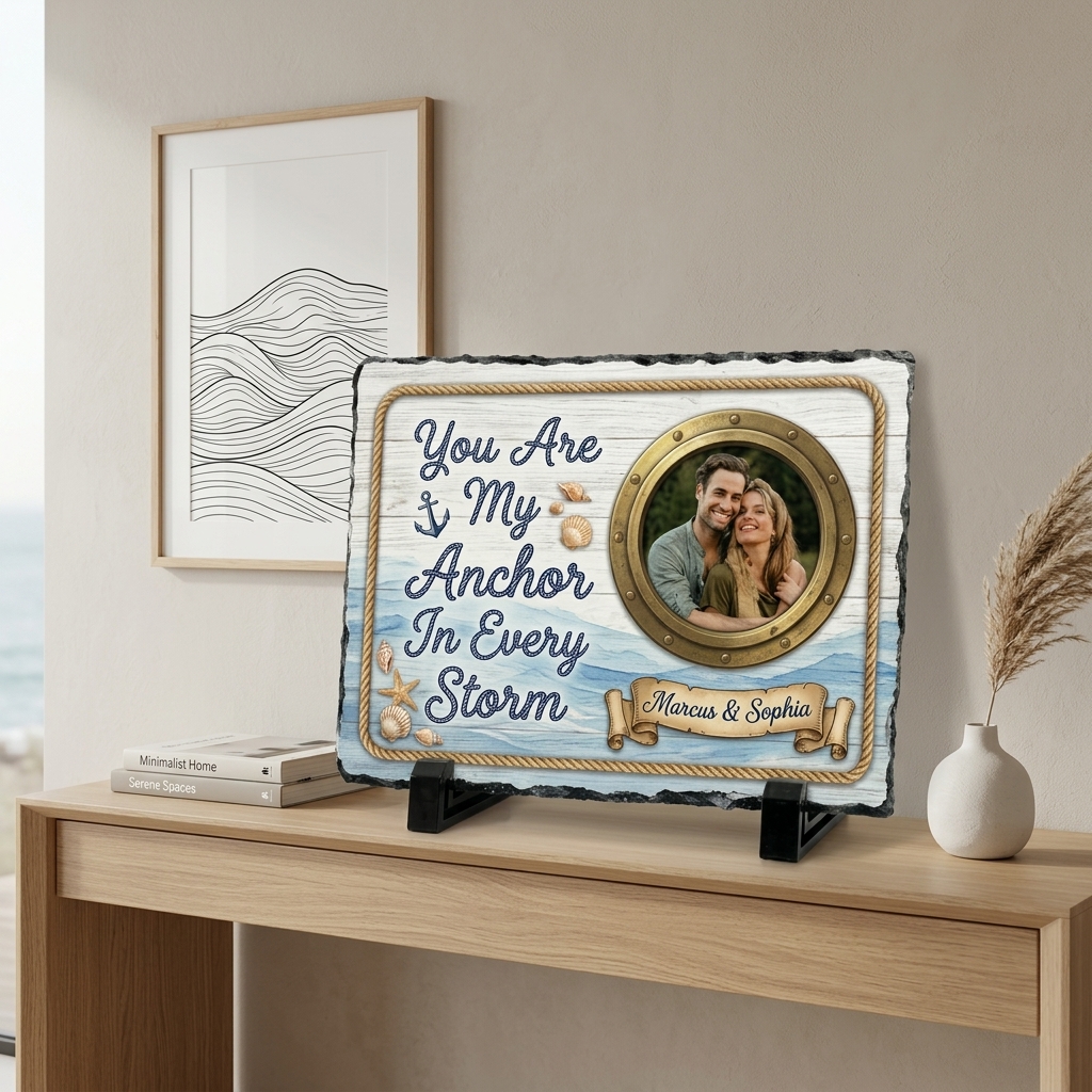 Personalized Nautical Couple Photo Slate  Custom "You Are My Anchor In Every Storm" Stone Plaque with Stand Anniversary Gift Nautical Lover Keepsake