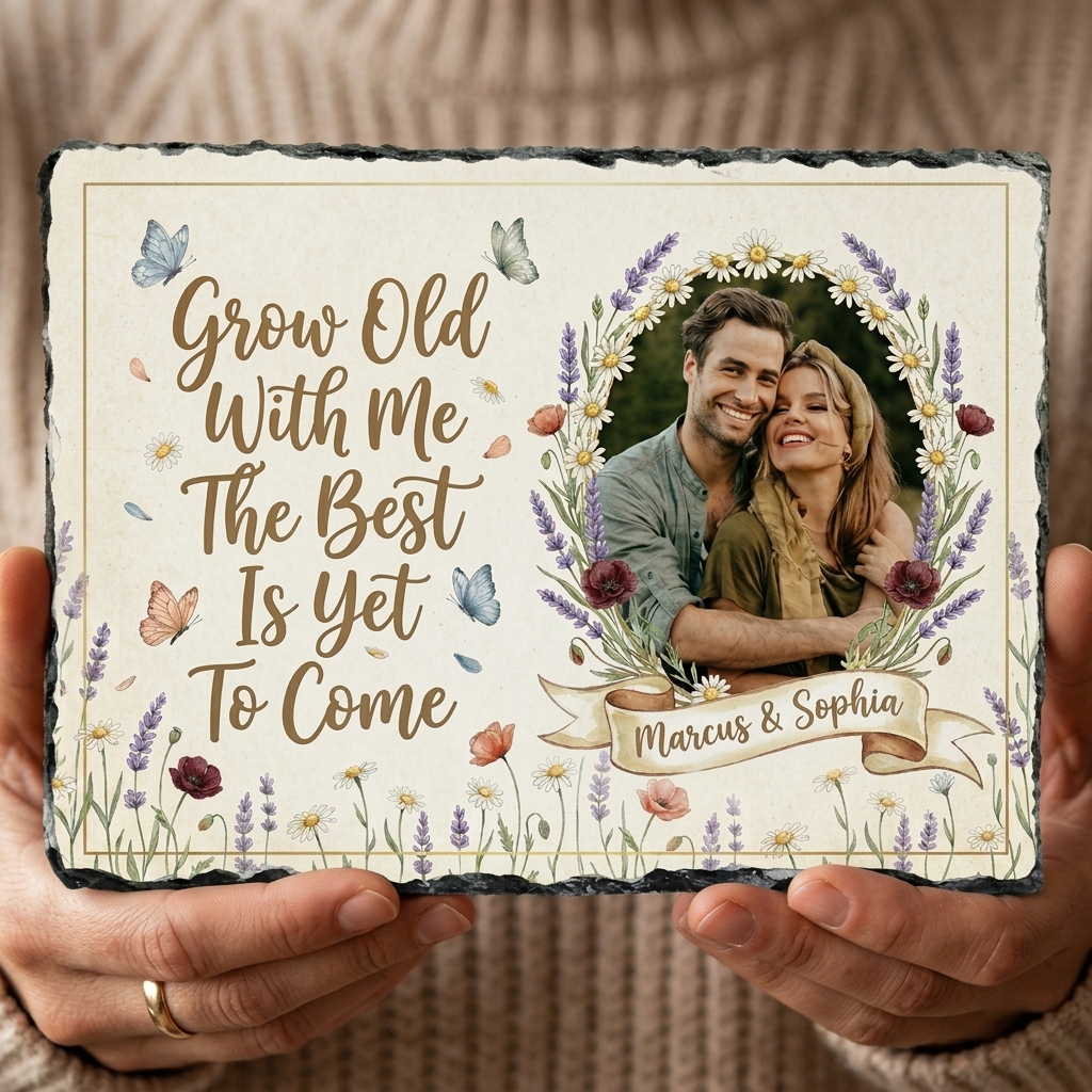 Personalized Watercolor Flower Couple Photo Slate Custom Romantic Quote Stone Plaque Engagement Gift Wedding Keepsake Valentines Gift for Partner