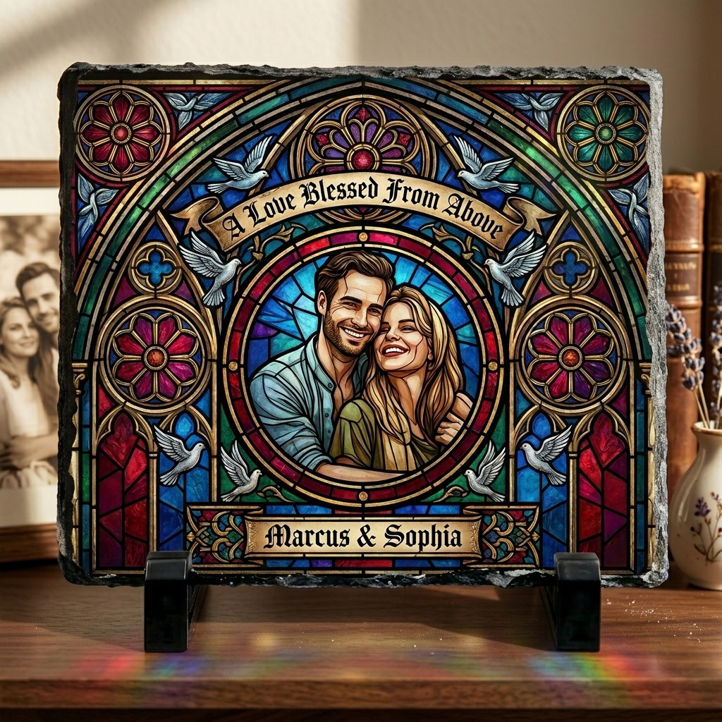 Personalized Stained Glass Style Couple Photo Slate Custom "A Love Blessed From Above" Stone Plaque Wedding Anniversary Gift Romantic Keepsake
