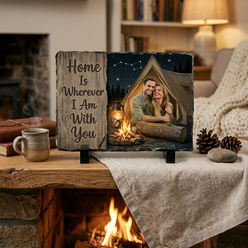 Personalized Camping Couple Photo Slate Custom "Home Is Wherever I Am With You" Stone Plaque Anniversary Gift for Outdoor Lovers