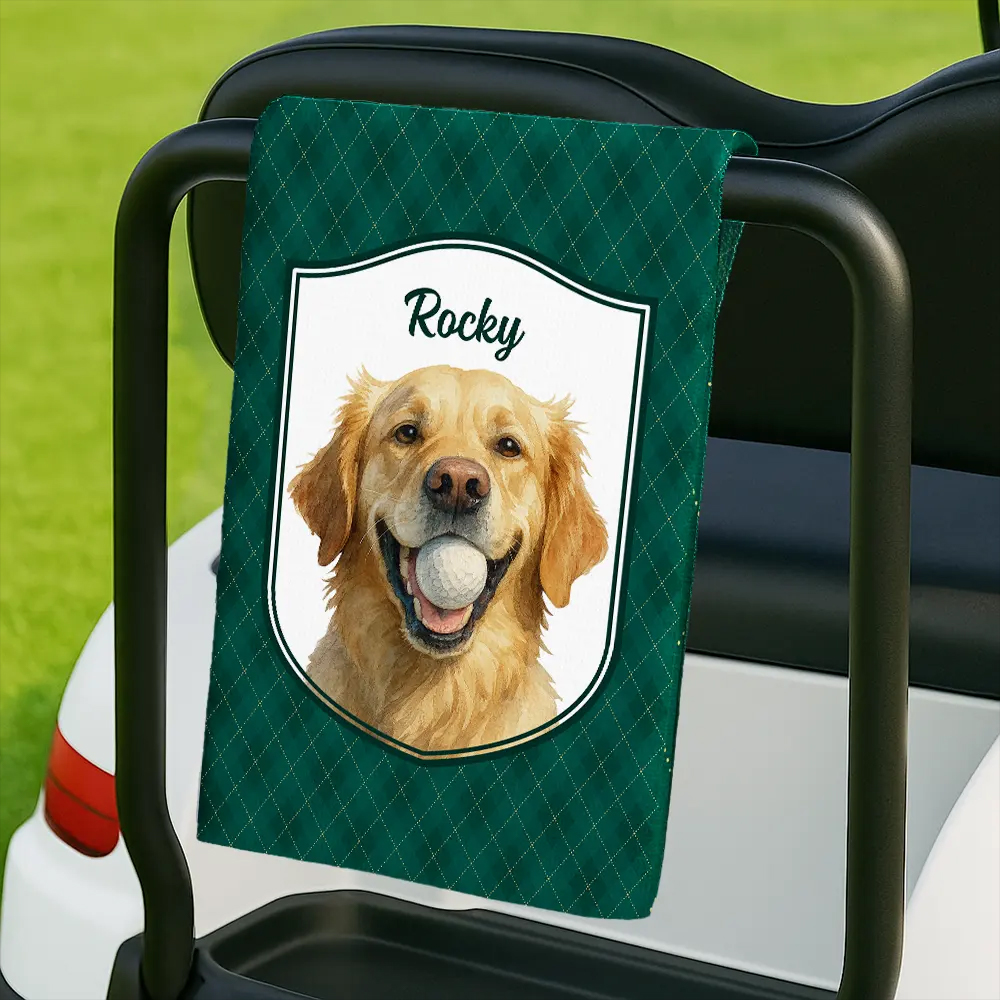 Personalized Golf Towel Custom Photo Realistic Watercolor Art Dog Cat Pet Portrait Vintage Father's Day Gifts