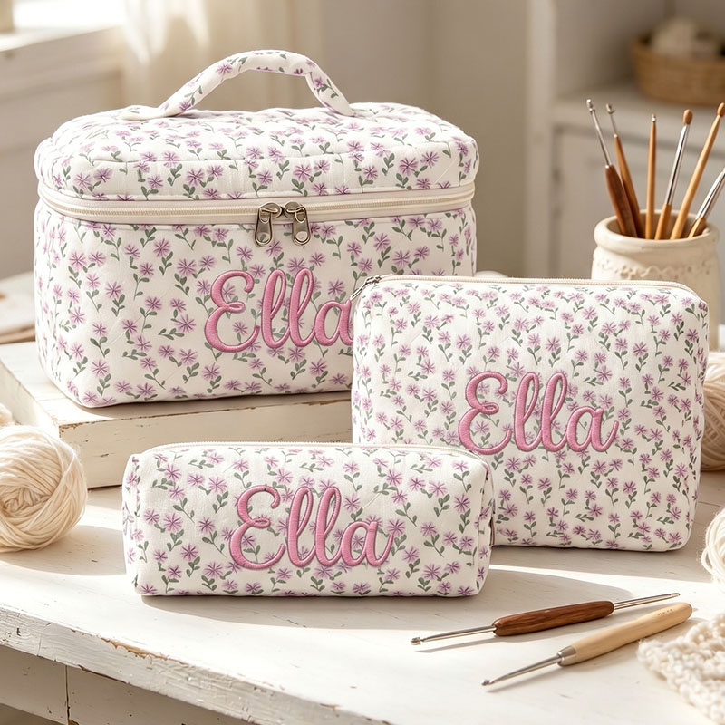Personalized Embroidered Cotton Quilted Crochet Tool Storage Bag Large Small  Floral Crochet Tool Storage Bag Set Cute Coquette Pouch for Purse Aesthetic Cloth Flower Storage Bag Organizer