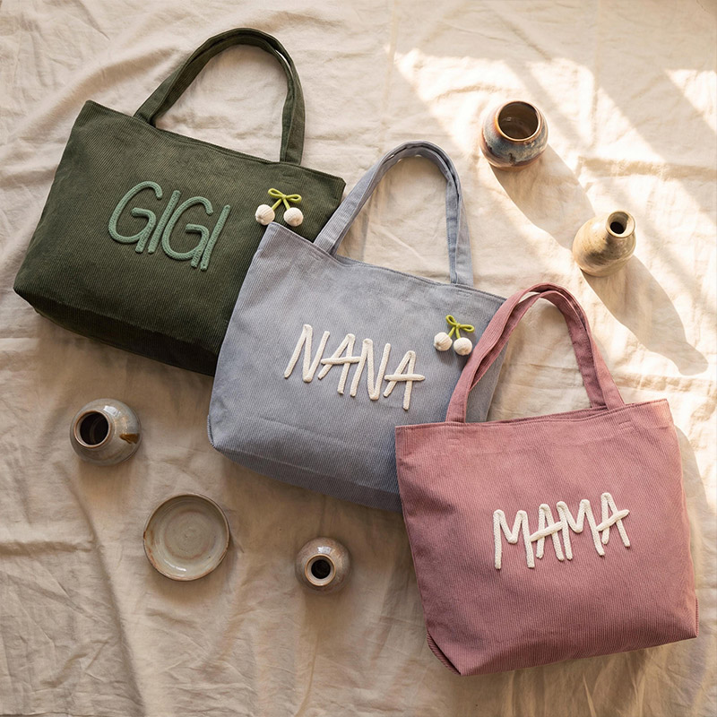 Personalized Gigi Nana Mama Tote Bag Grandma Travel Bag Custom Corduroy Chunky Yarn Name Purse Name Gift for Mom Friend Grandma