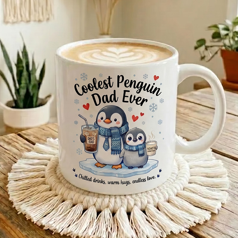 Personalized Dad & Baby Penguin Design 11 oz Ceramic Mug with Name Coolest Penguin Dad Ever Mug Birthday Gift for Dad