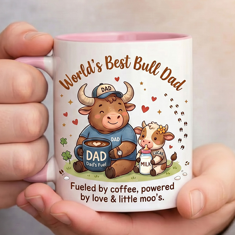 Personalized Dad & Baby Cow Design 11 oz Ceramic Mug with Name World’s Best Bull Dad Mug Birthday Gift for Dad