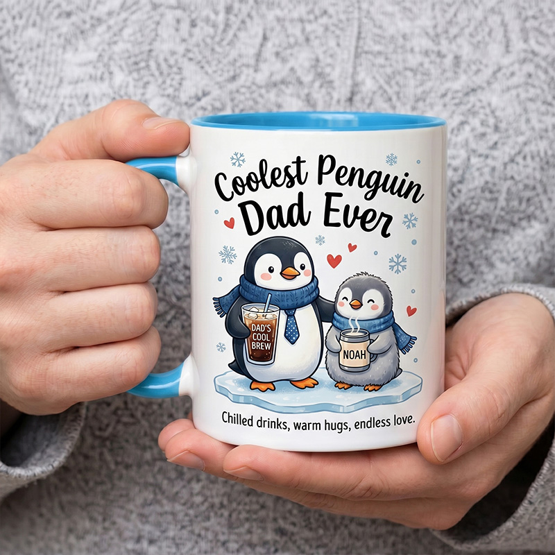 Personalized Dad & Baby Penguin Design 11 oz Ceramic Mug with Name Coolest Penguin Dad Ever Mug Birthday Gift for Dad