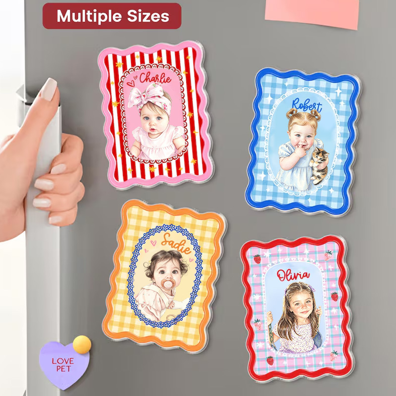Personalized Gingham Frame Photo Fridge Decor Custom Baby Kids Dog Picture Colorful Wavy Border Magnets