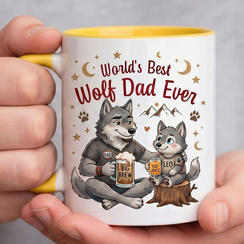 Personalized Dad & Baby Wolf Design 11 oz Ceramic Mug with Name World’s Best Wolf Dad Ever Mug Birthday Gift for Dad