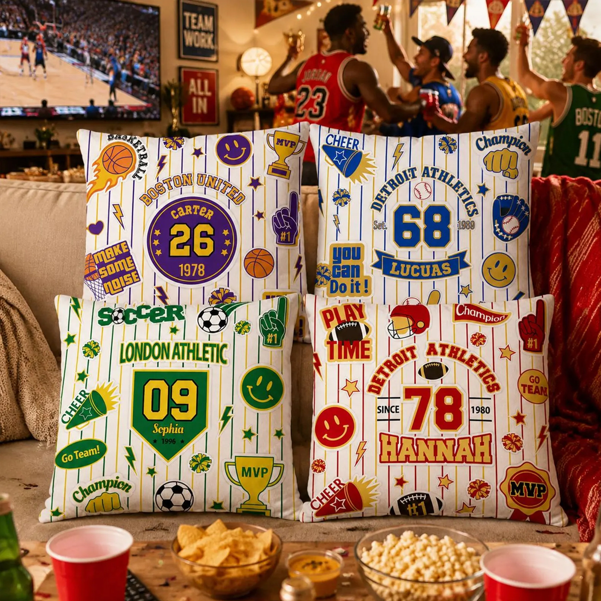  Personalized Sports Throw Pillow Custom Name Number Team Jersey Style Cushion Gift for Athlete Sports Fan