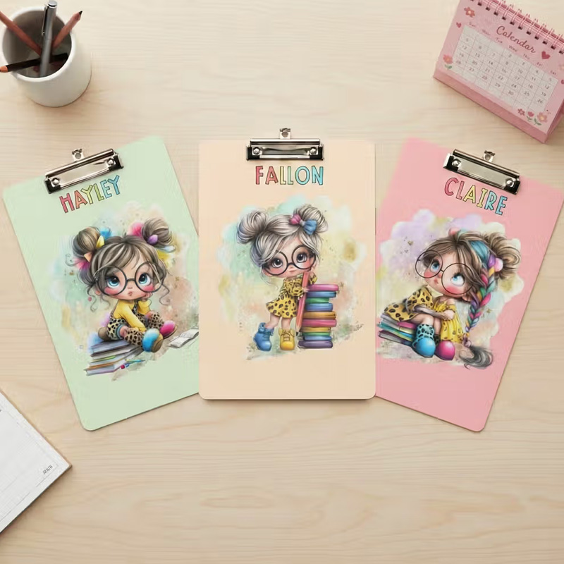Personalized Cartoon Reading Girl Acrylic Clipboard with Name Back to School Birthday Gift for Students