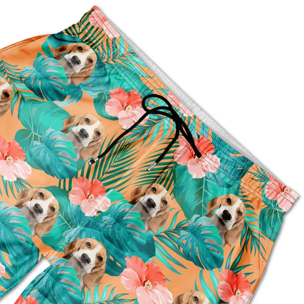 Personalized Unisex Beach Shorts Custom Photo Tropical Leaves Funny Family Pet Face Gift for Pet Lovers