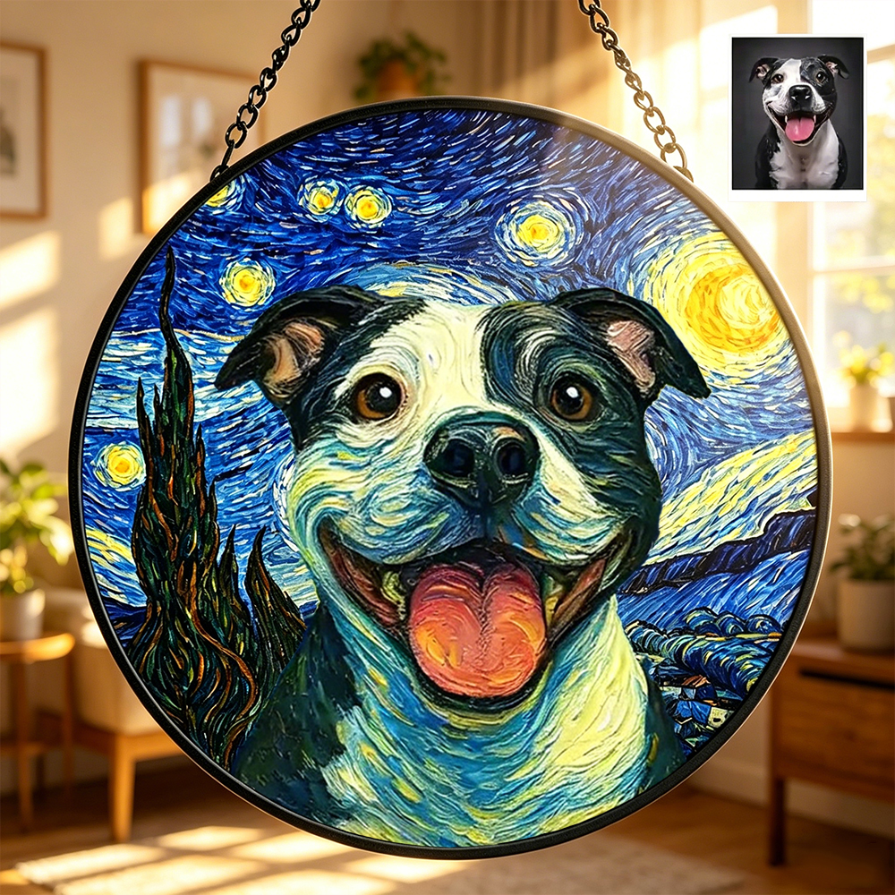 Personalized Stained Glass Window Hanging Suncatcher Custom Photo Starry Night Gift for Pet Lover