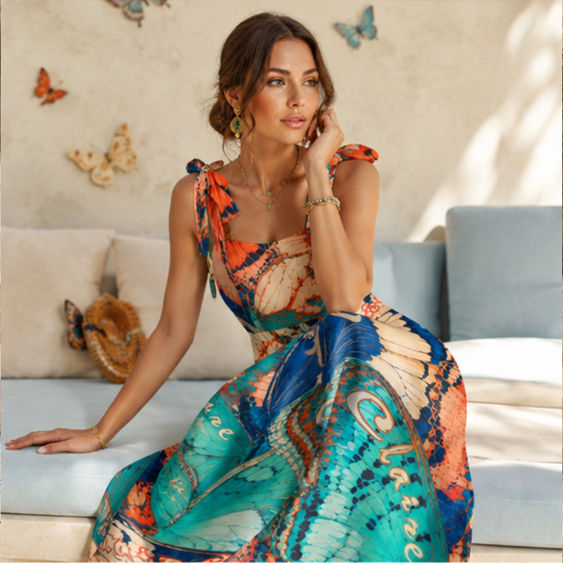 Personalized Hand Painted Colorful Butterfly Print Bow Tie Strap Square Neck Maxi Dress For Summer Vacation Beach Honeymoon Gift for Her