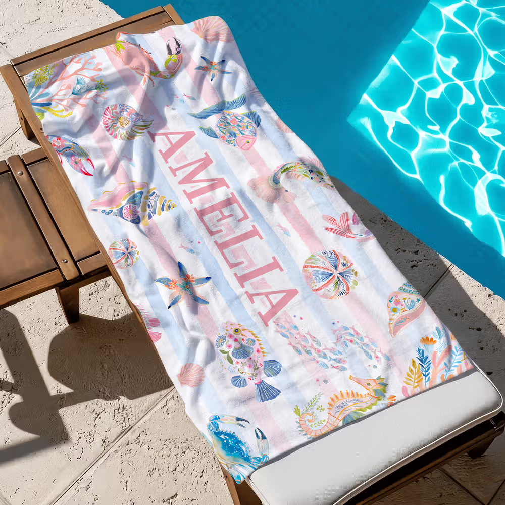 Personalized Watercolor Striped Marine Lives Microfiber Beach Towel with Name Birthday Summer Vacation Gift for Family