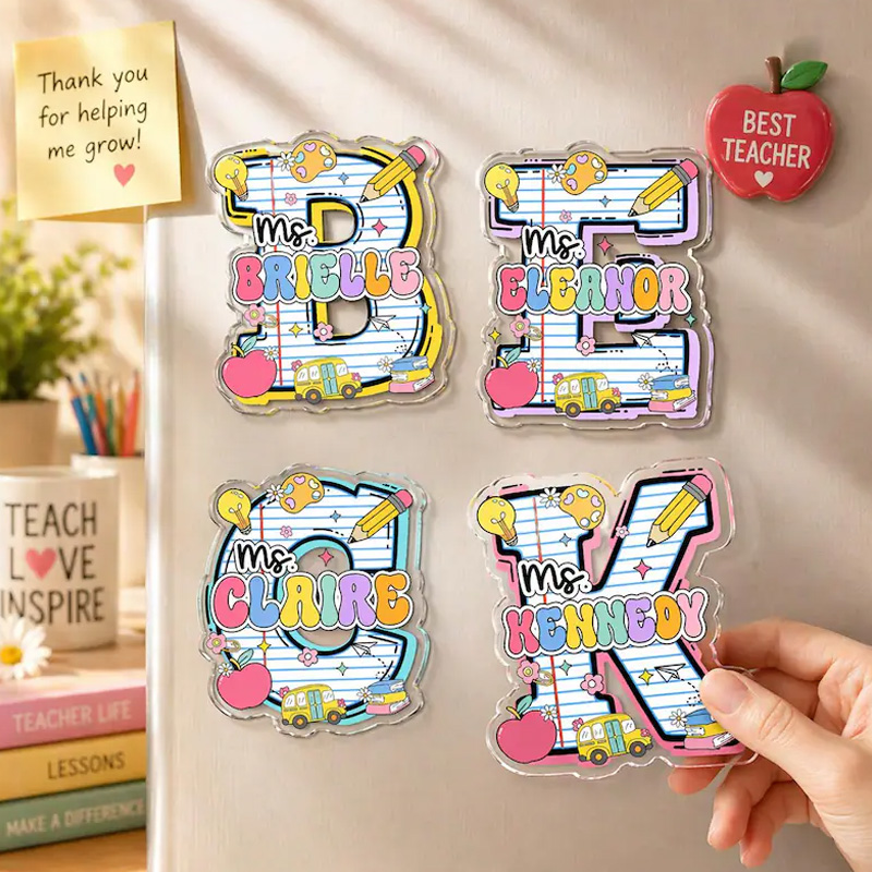 Personalized Colorful Teacher Classroom Doodle Letters Pencil Apple Book Crayon Name Initial Refrigerator Magnets