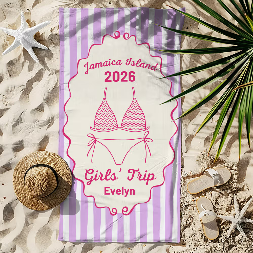 Personalized Multicolor Bikini Stripe Soft Quick Dry Beach Towel with Location Year Text Name Beach Party Birthday Gift for Women