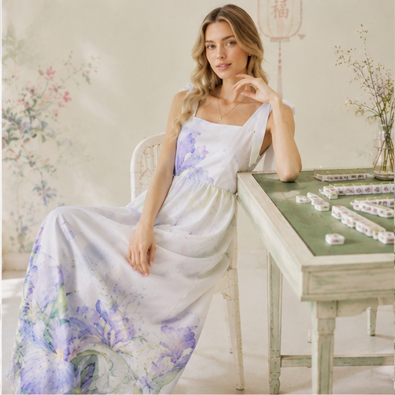 Personalized Watercolor Iris Mahjong Bow Strap Oriental Vacation Maxi Dress Pastel Ink Floral Mahjong Satin Summer Sundress Mahjong Style Purple Iris Square Neck Long Dress