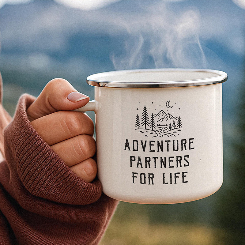 Personalized Adventure Partners For Life Camping Enamel Mug Custom Couple Hiking Travel Cup Anniversary Wedding Gift For Husband Wife
