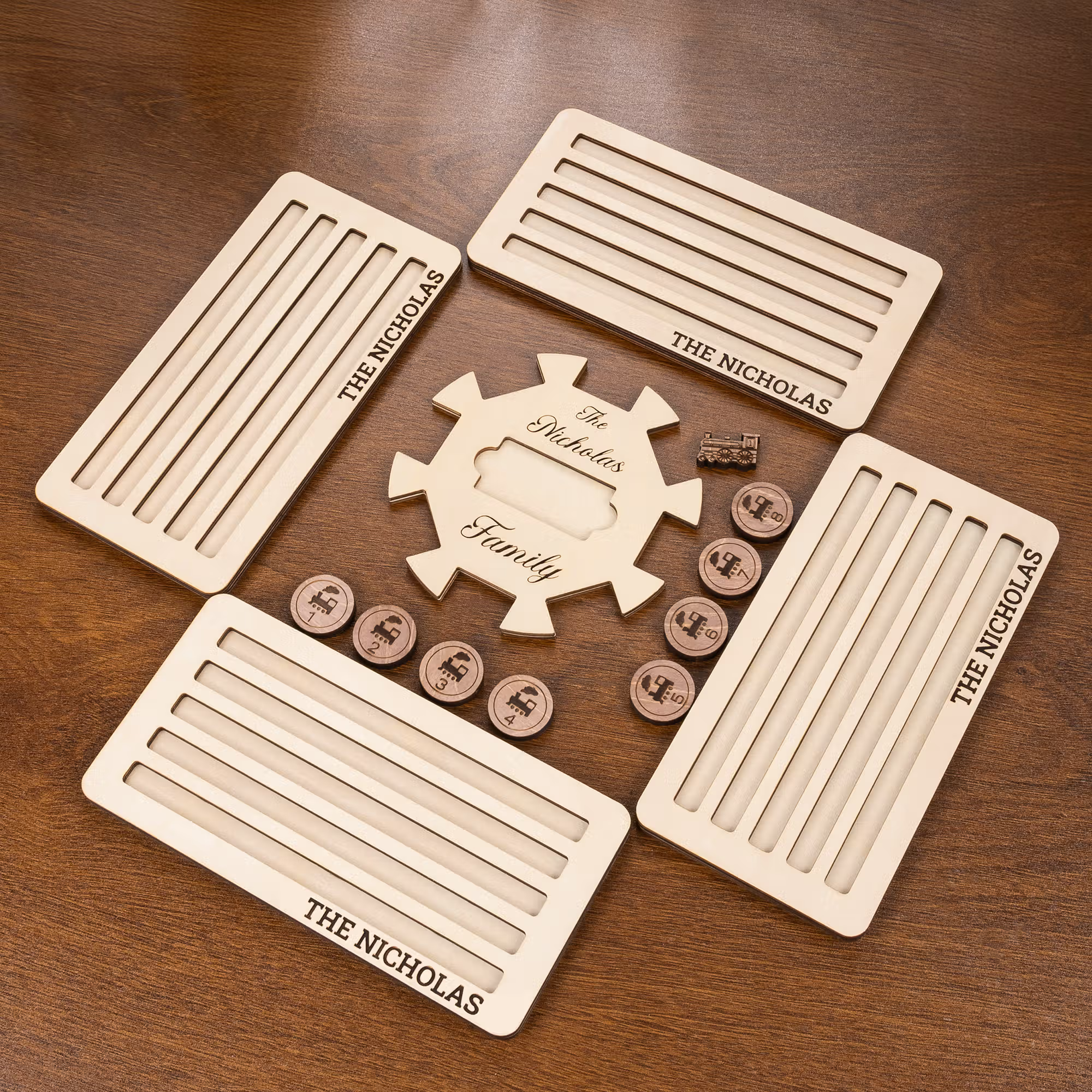 Custom Wooden Mexican Train Domino Hub & Holder - Engraved Basswood Set 11 or 15 Holder, Gift for Family
