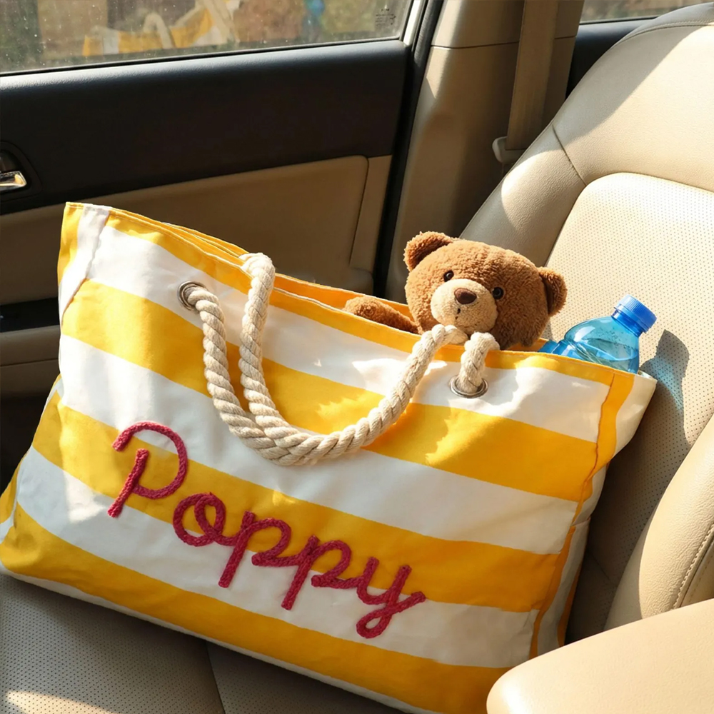  Personalized Waterproof Pool Tote Custom Beach Bag with Zipper Embroidered Girls Trip Striped Canvas Tote Bag Summer Vacation Gift for Her