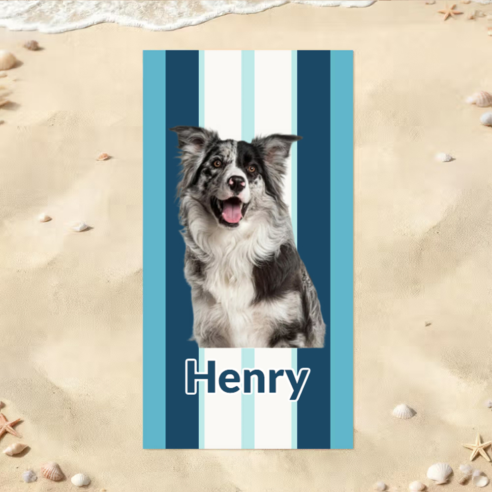 Personalized Multicolor Vertical Stripes Photo Quick Dry Oversized Beach Towel with Name Beach Party Birthday Gift for Family Pet Lovers
