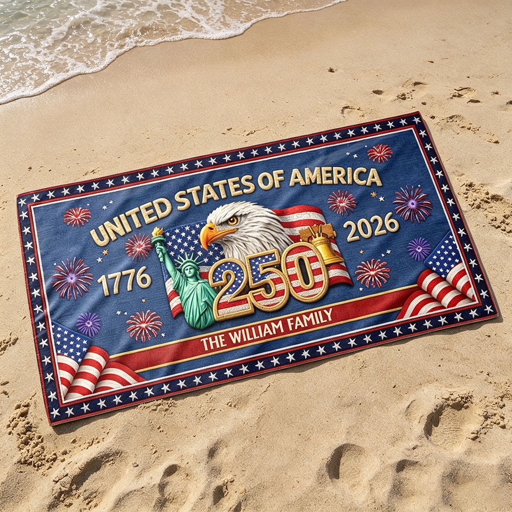 Personalized Beach Towel Faux Embroidery Effect America 250th Anniversary Family Name
