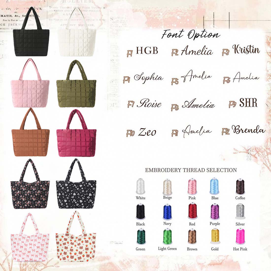 Personalized Crochet Tool Storage Tote Bag, Nylon Quilted Tote Bag, Custom Embroidered Name Shoulder Tote