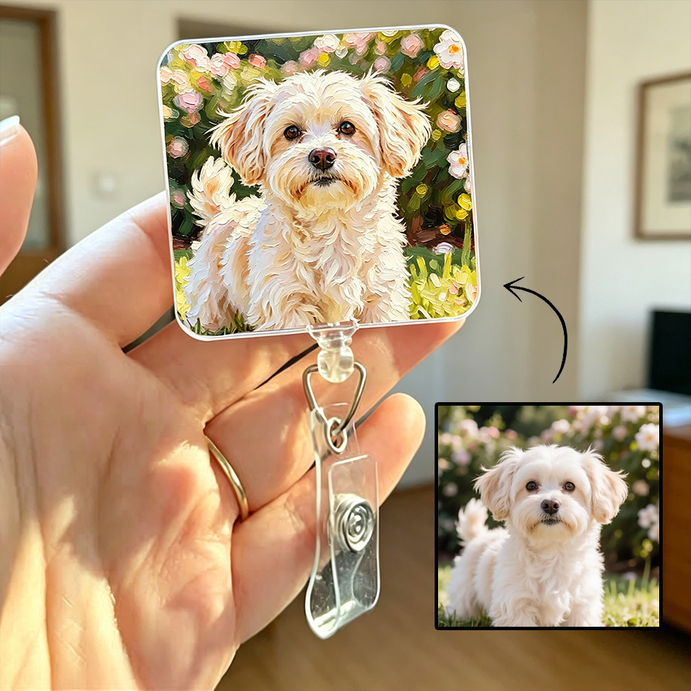 Personalized Pet Badge Reel Oil Painting Style Custom Pet Photo Gift for Pet Lovers