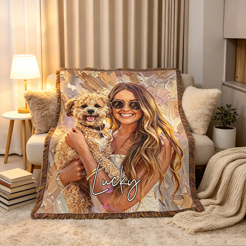 Personalized Pet Oil Painting Photo Tassel Soft Throw Blanket with Name Home Decor Birthday Gift for Pet Lover
