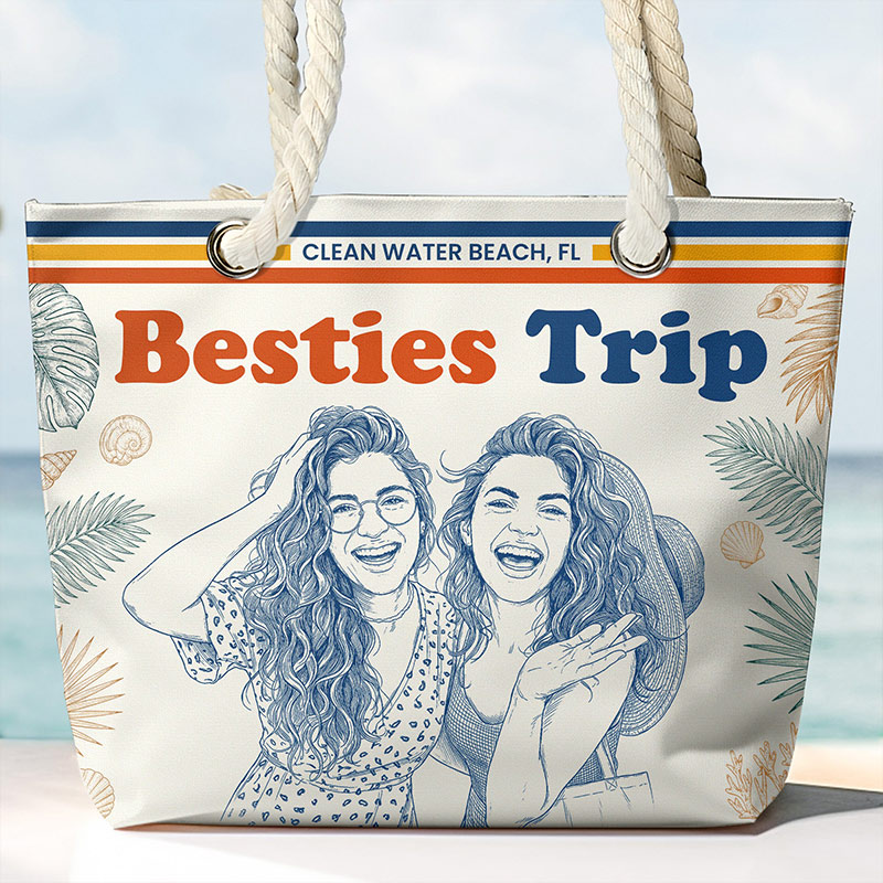 Personalized Beach Bag Besties Girls Trip Summer Gift For Friends Soul Sisters Sketch Line Art Photo Bag Traveling Lover Gifts