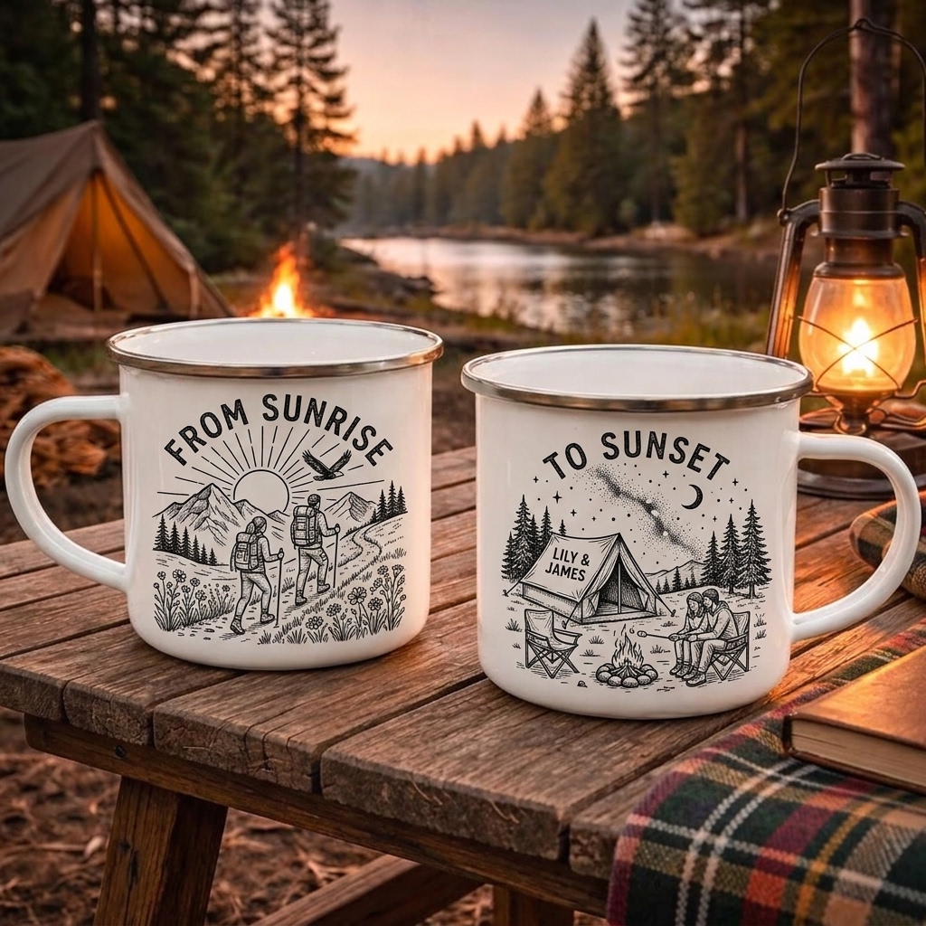 Personalized From Sunrise to Sunset Enamel Mug Custom Couple Hiking Travel Cup Anniversary Wedding Gift For Husband Wife